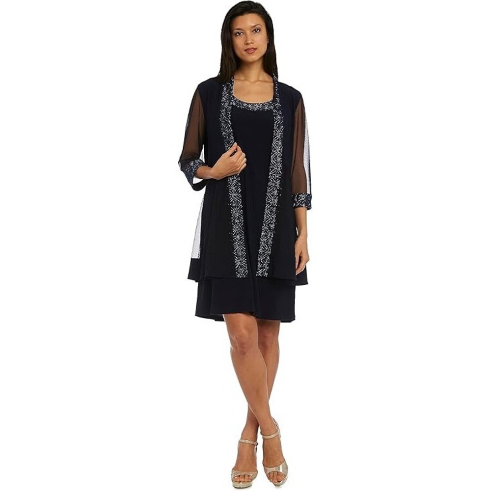 R&M Richards‎ Women's One Size Sequin Trim Jacket Dress, Navy, 12